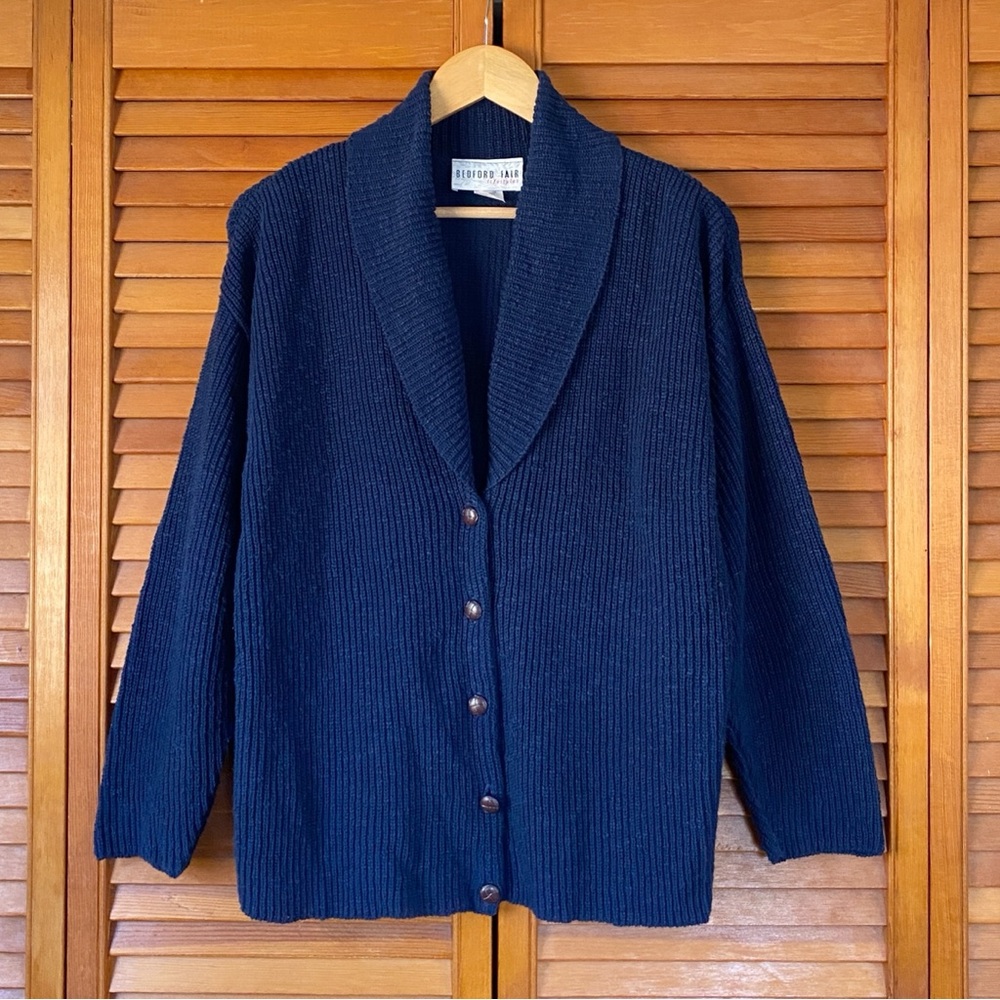 Vintage Cardigan Sweater Women's Size Medium Shawl Collar Navy Blue Preppy Knit